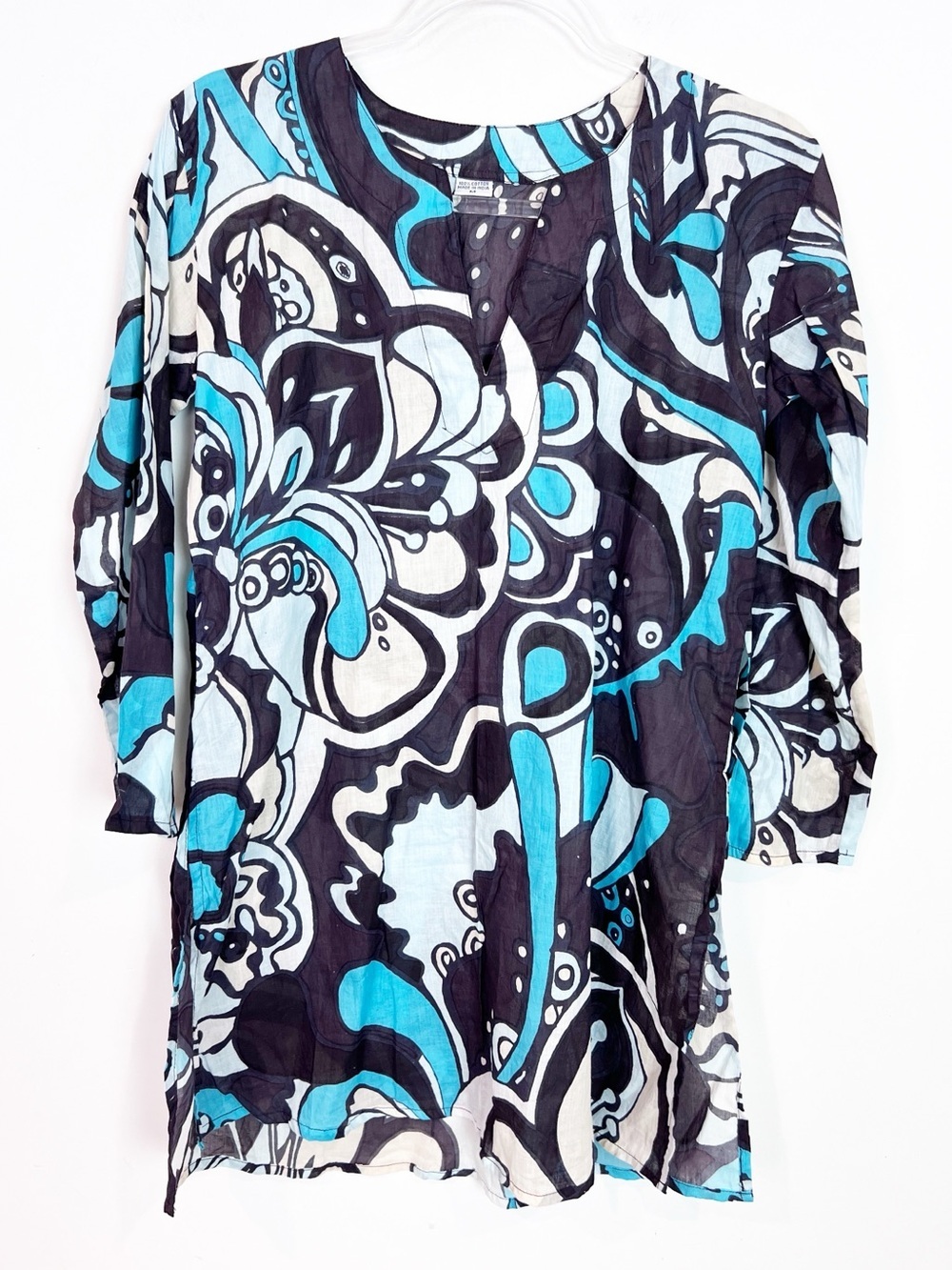 BOUTIQUE UNBRANDED WHITE BLUE BROWN LONG SLEEVE COVER UP TUNIC DRESS SZ MEDIUM
